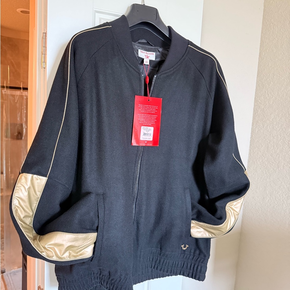 True Religion Men's Black and Gold Bomber Jacket